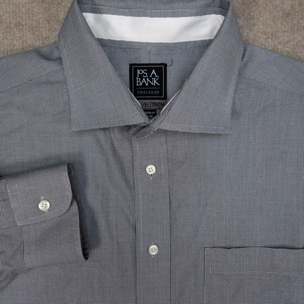 Jos A Bank Travel Tech Button Up Shirt Mens 17 1/2 - 34 Tailored Fit Gray Long